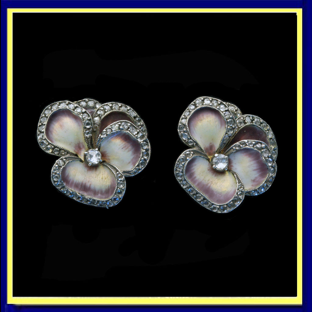 Art Nouveau pansy earrings gold enamel diamonds silver