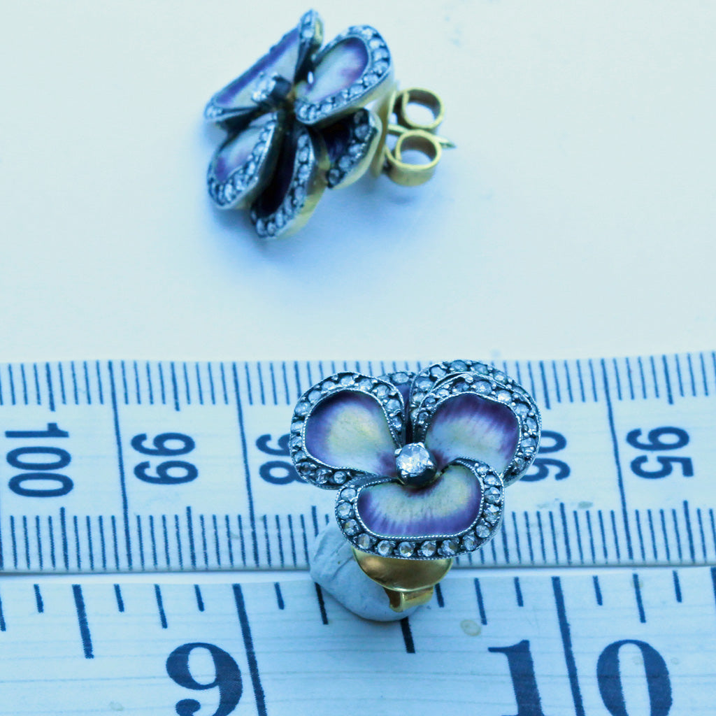 Antique Art Nouveau Pansy earrings 14k gold enamel diamonds some silver (7389)