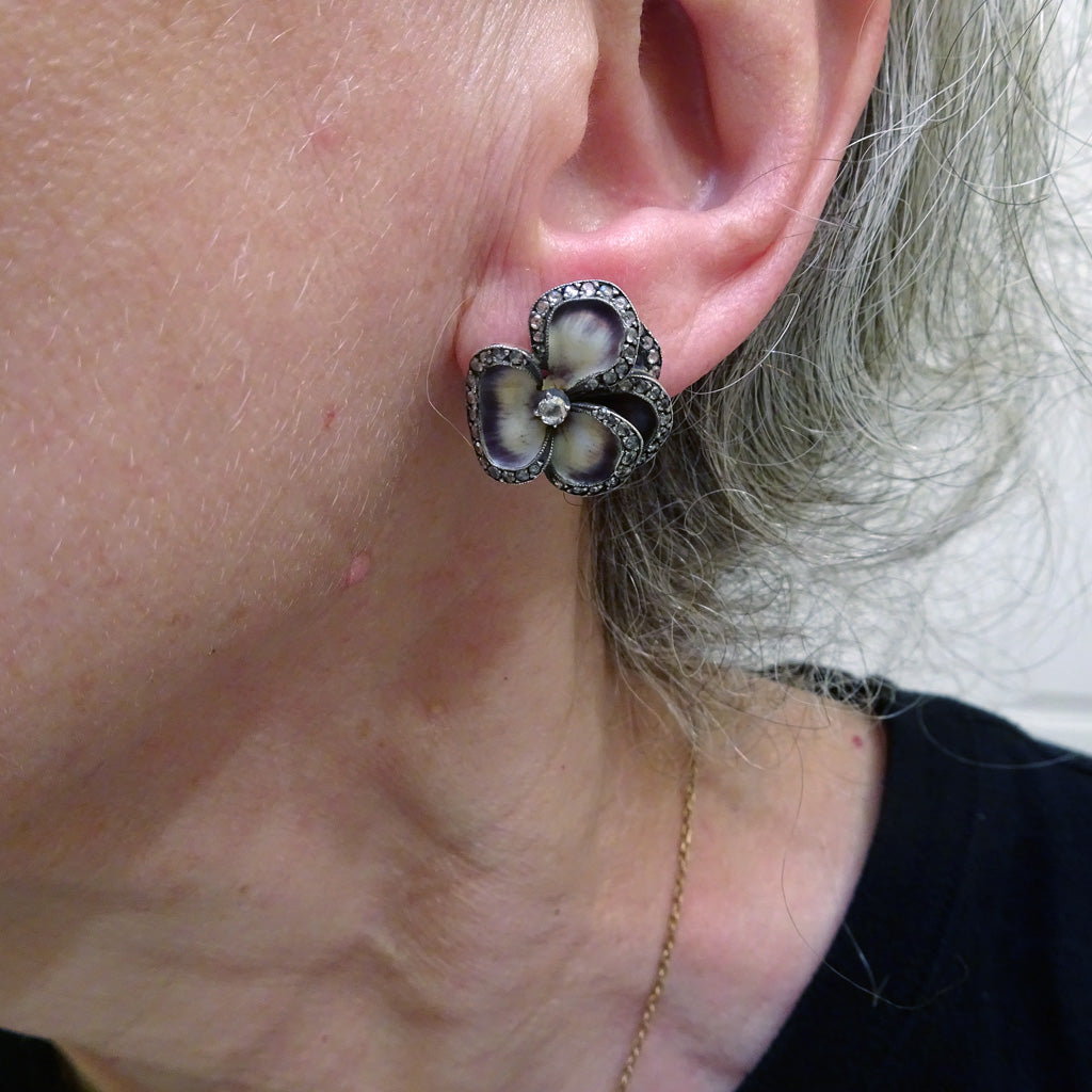 Antique Art Nouveau Pansy earrings 14k gold enamel diamonds some silver (7389)