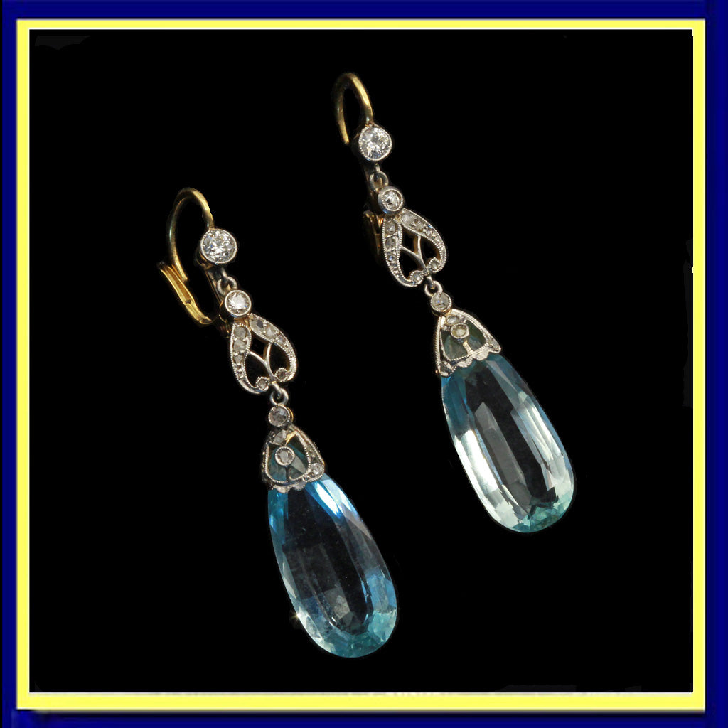 antique Edwardian earrings ear pendants aquamarine diamonds gold platinum