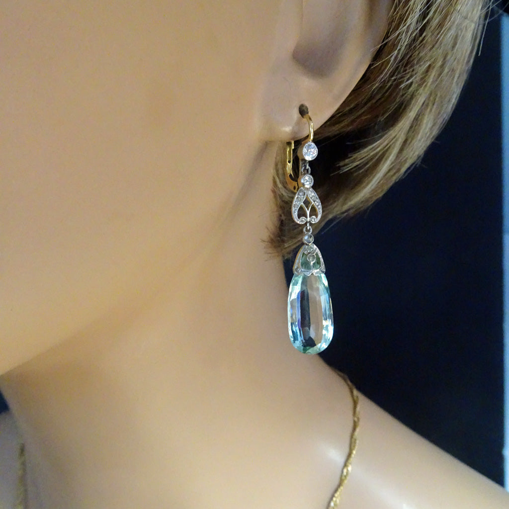Antique Edwardian earrings ear pendants aquamarine diamonds gold platinum (7392)