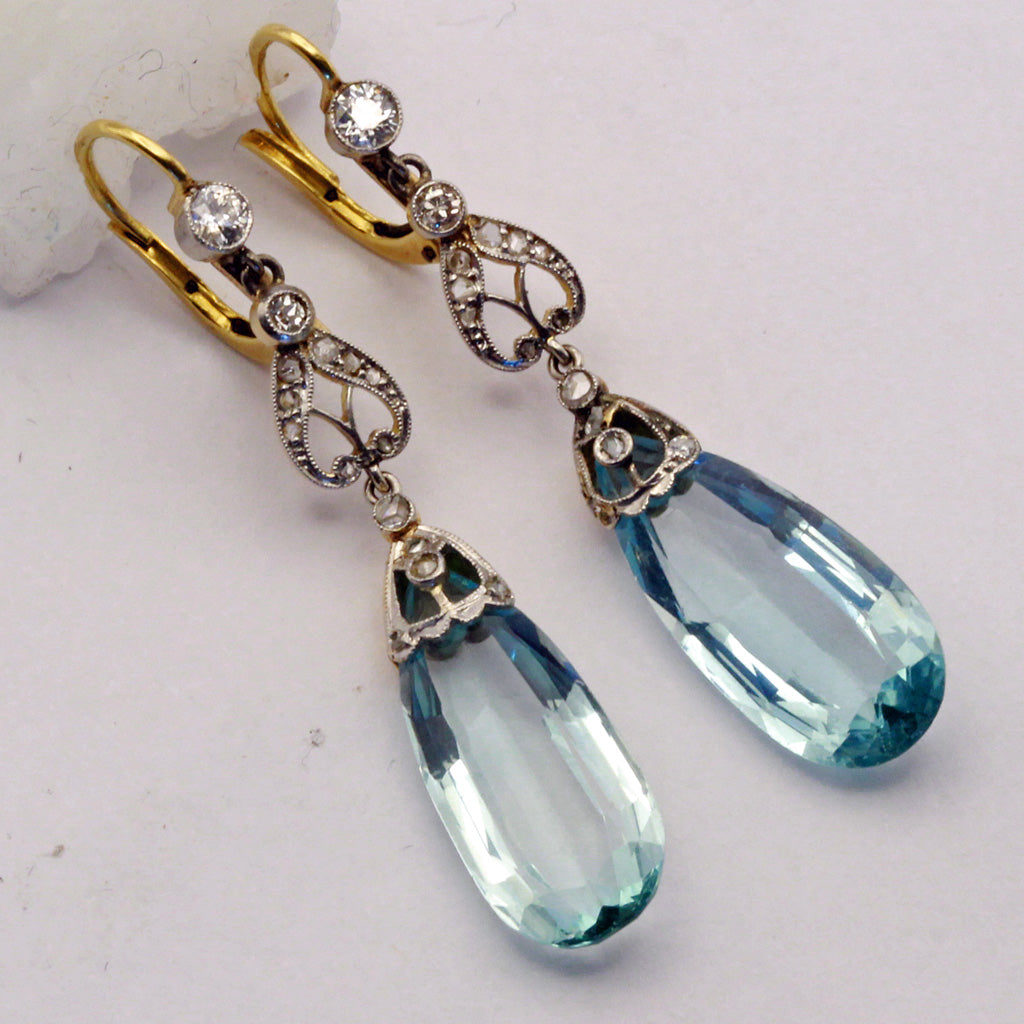Antique Edwardian earrings ear pendants aquamarine diamonds gold platinum (7392)