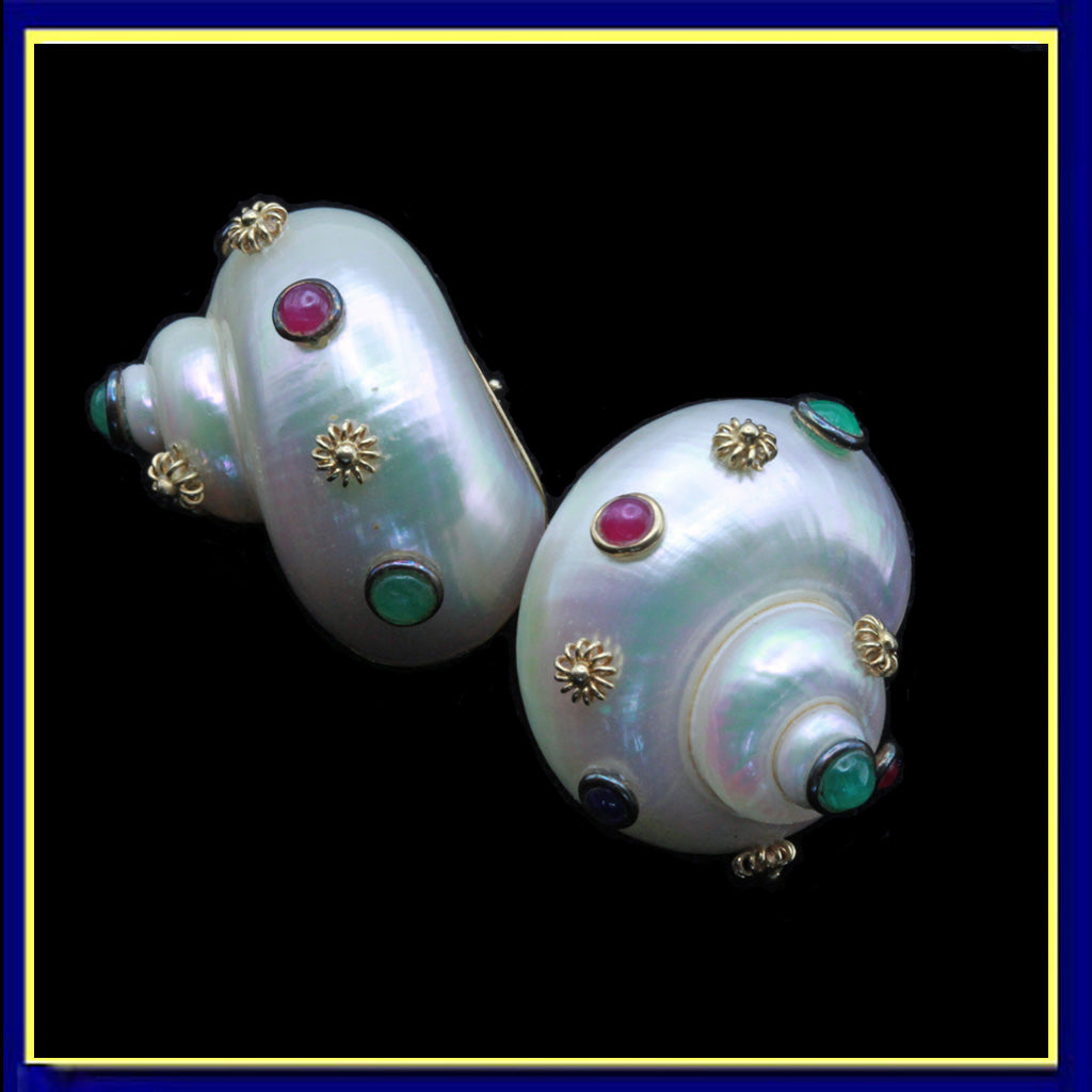 MAZ vintage earrings turbo shells gold emeralds rubies sapphires