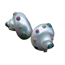 MAZ Vintage Earrings Turbo Shells 14k gold emeralds rubies sapphires (7395)