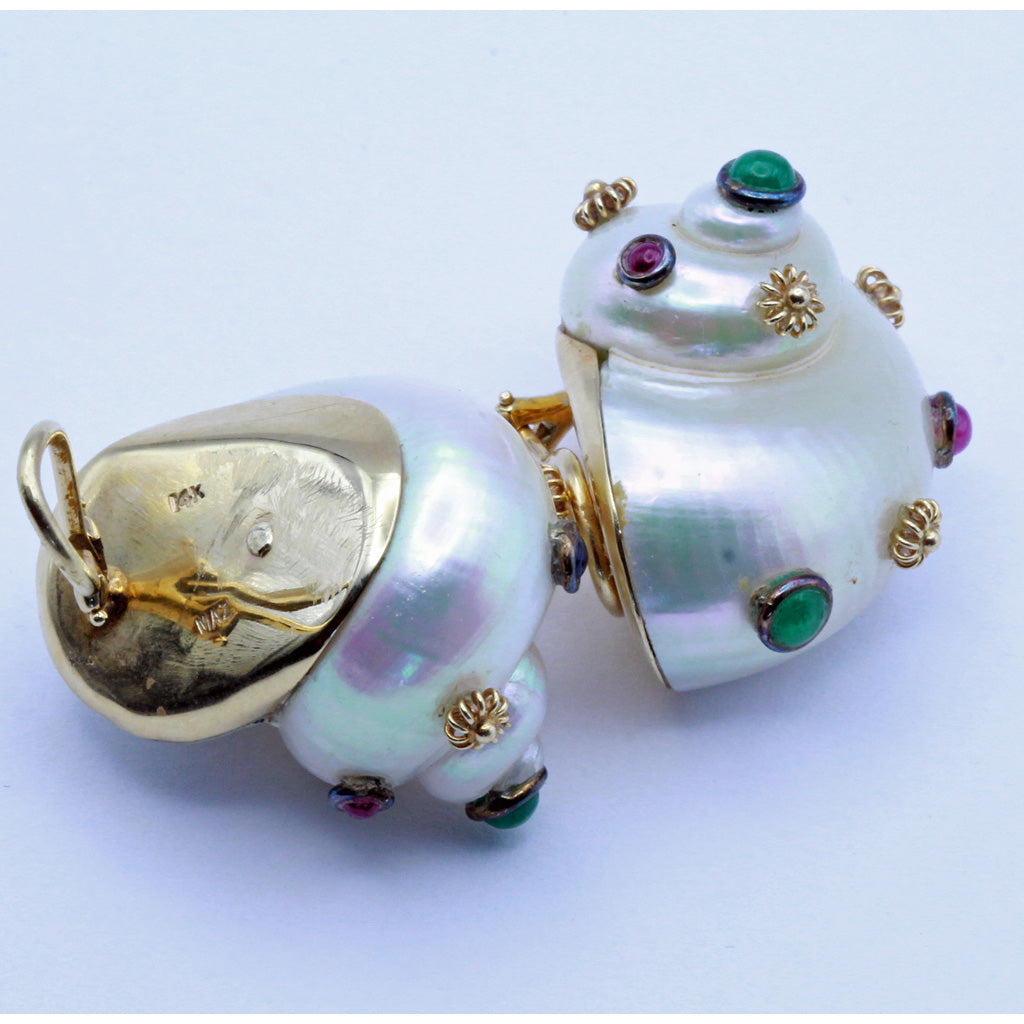 MAZ Vintage Earrings Turbo Shells 14k gold emeralds rubies sapphires (7395)