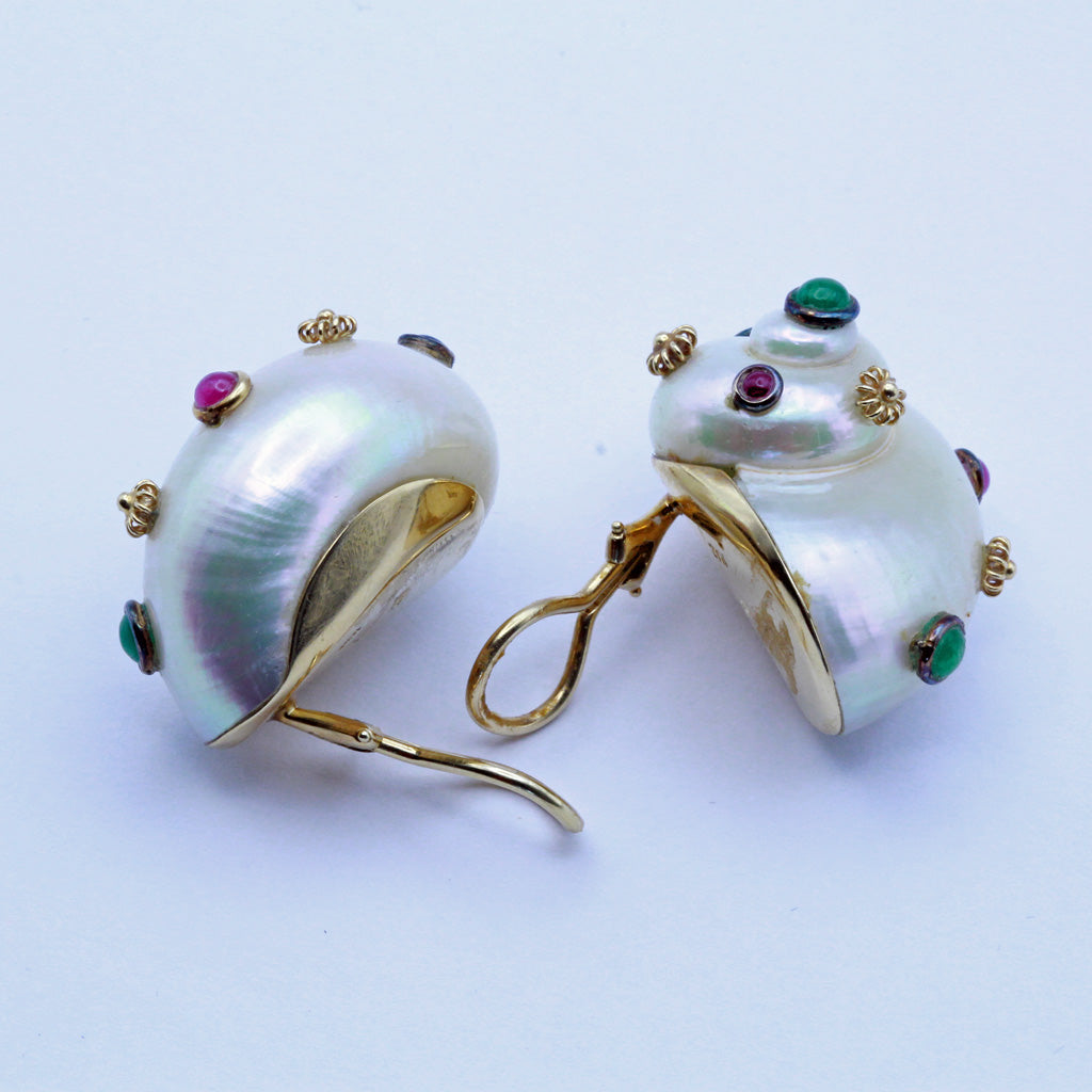 MAZ Vintage Earrings Turbo Shells 14k gold emeralds rubies sapphires (7395)
