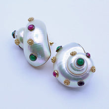 MAZ Vintage Earrings Turbo Shells 14k gold emeralds rubies sapphires (7395)