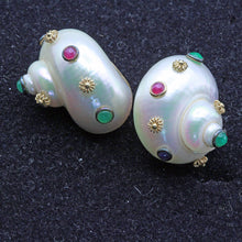 MAZ Vintage Earrings Turbo Shells 14k gold emeralds rubies sapphires (7395)