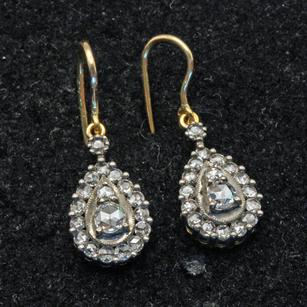 Antique Victorian diamond earrings 18k gold, silver ear pendants Appraisal (7398)