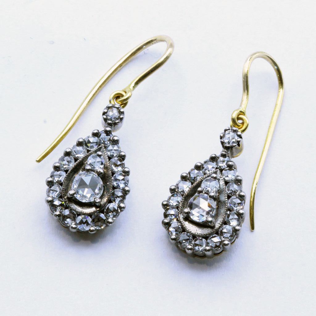 Antique Victorian diamond earrings 18k gold, silver ear pendants Appraisal (7398)