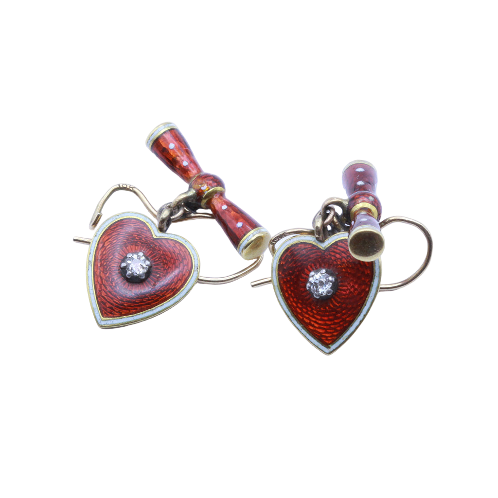 Antique Victorian Earrings 18k gold enamel diamonds Hearts and bows (7399)