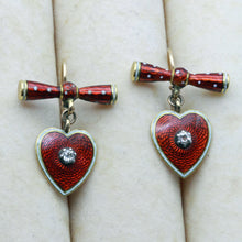 Antique Victorian Earrings 18k gold enamel diamonds Hearts and bows (7399)