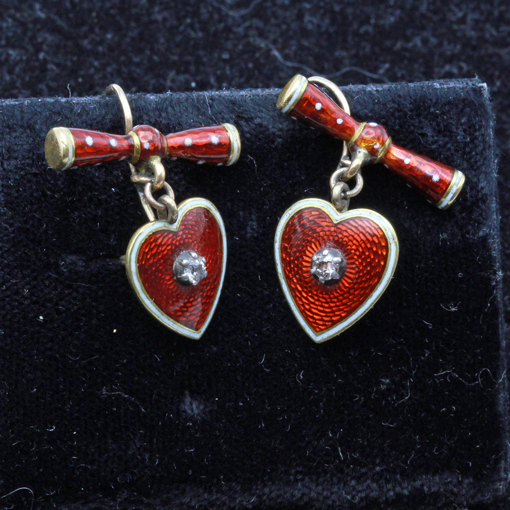 Antique Victorian Earrings 18k gold enamel diamonds Hearts and bows (7399)
