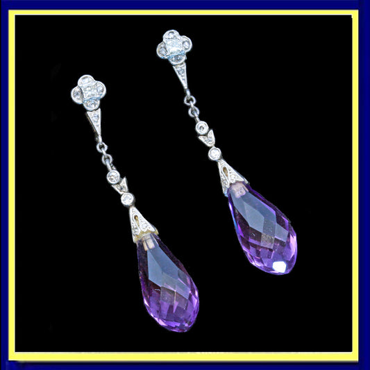 Antique earrings amethysts diamonds gold platinum Edwardian ear pendants
