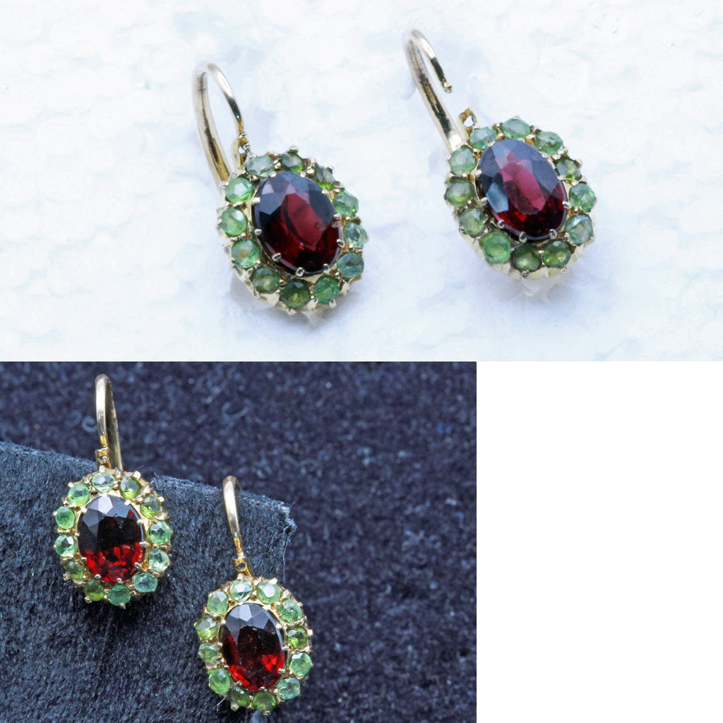 Antique earrings demantoid garnets red garnets 14k gold Imperial Russia (7401)