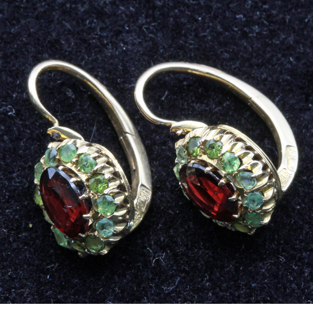 Antique earrings demantoid garnets red garnets 14k gold Imperial Russia (7401)