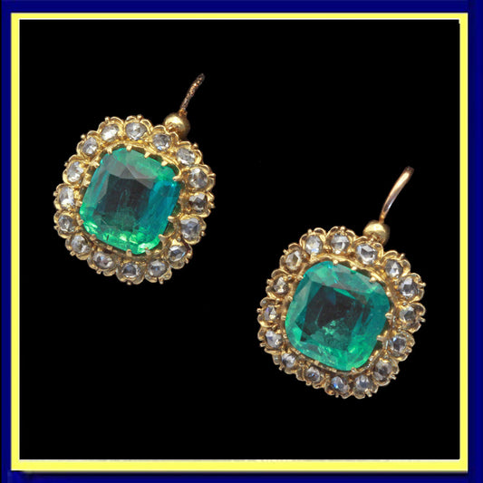antique VIctorian earrings emeralds diamonds gold cushion cut