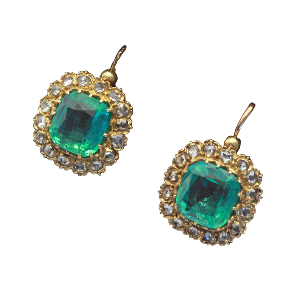 Antique Victorian earrings Emeralds Diamonds Gold ultimate cushion cuts (7410)