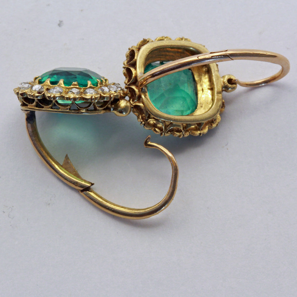 Antique Victorian earrings Emeralds Diamonds Gold ultimate cushion cuts (7410)