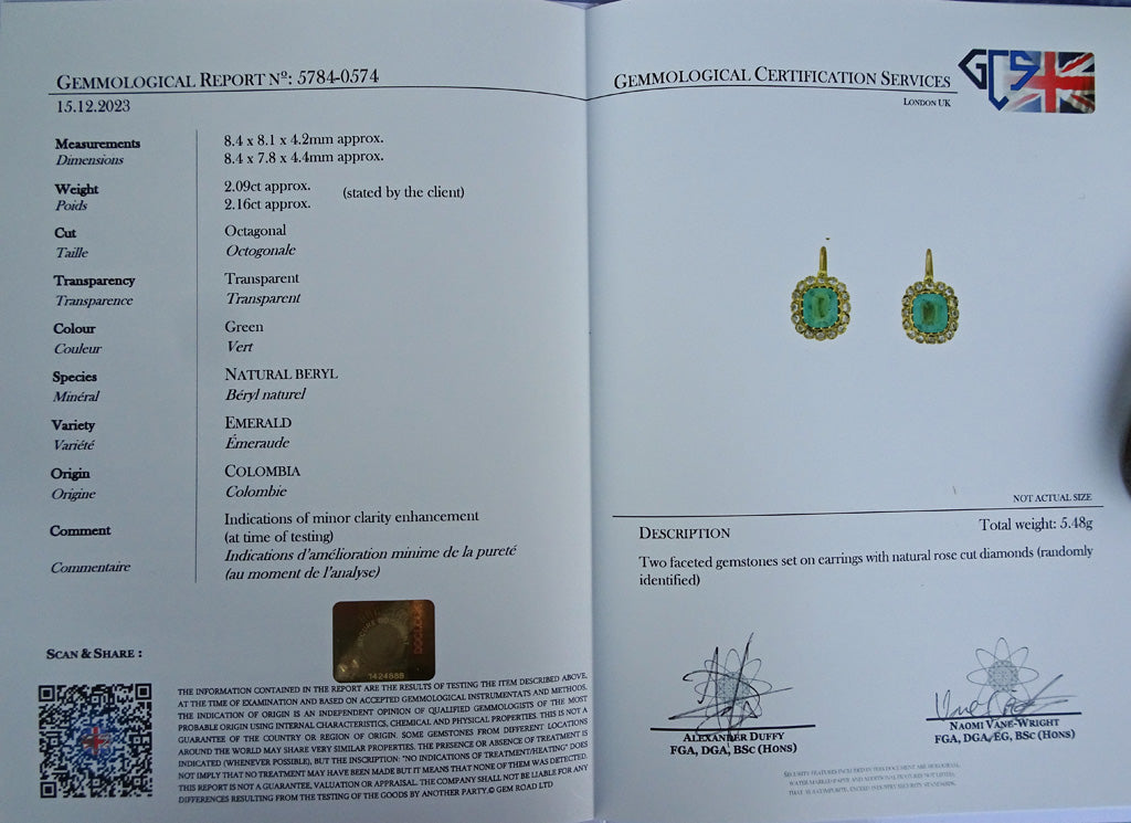 Antique Victorian earrings Emeralds Diamonds Gold ultimate cushion cuts (7410)