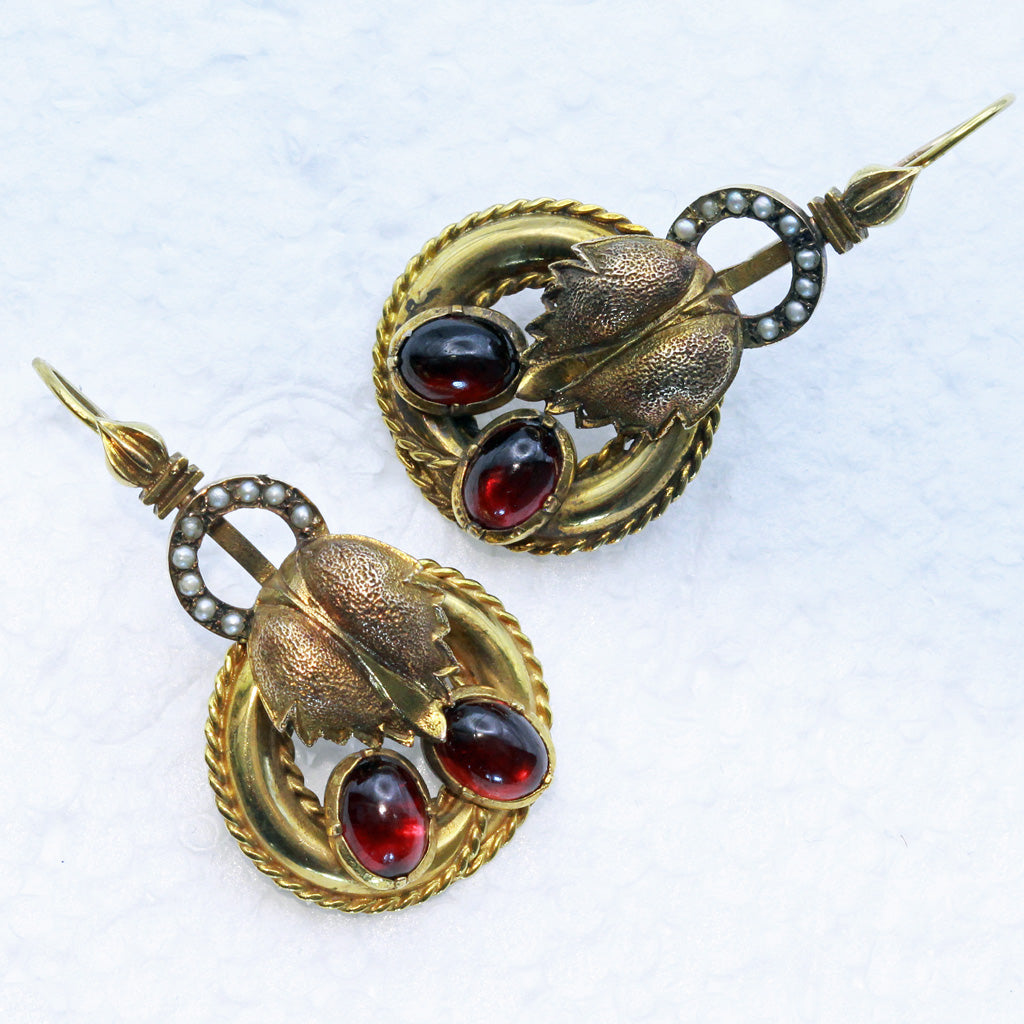 Antique Victorian earrings Gold cabochon garnets pearls Day Night versatile(7413)