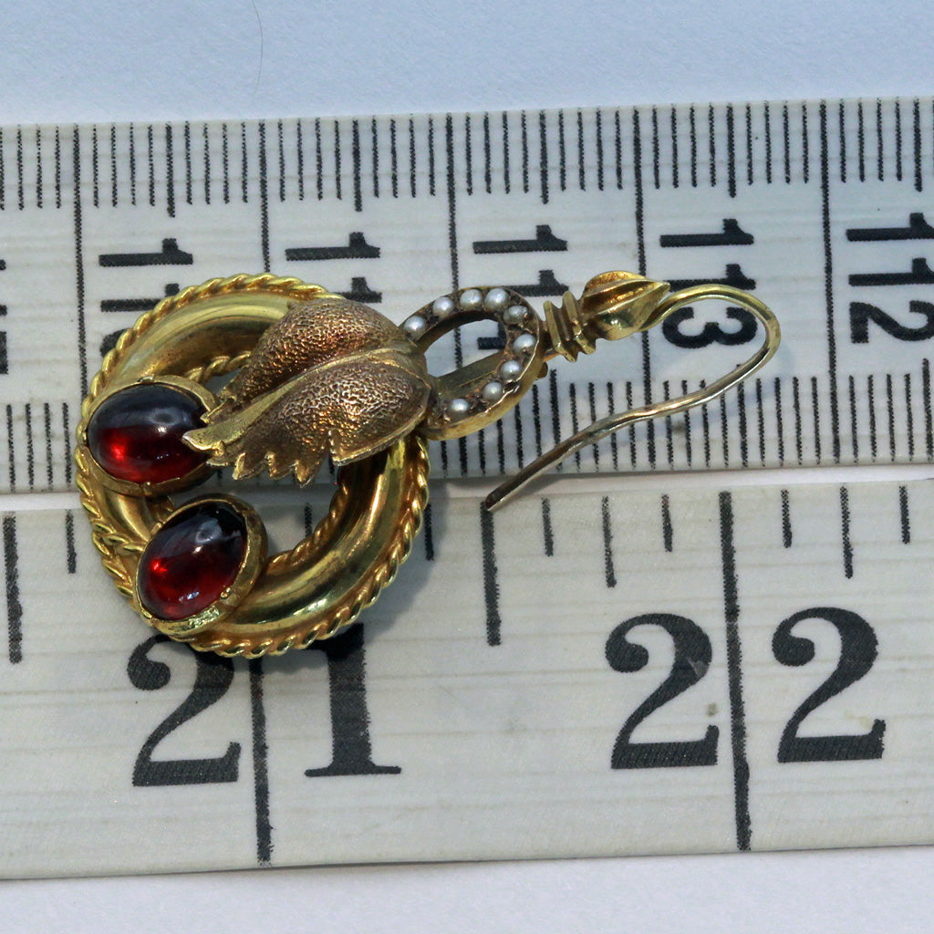 Antique Victorian earrings Gold cabochon garnets pearls Day Night versatile(7413)