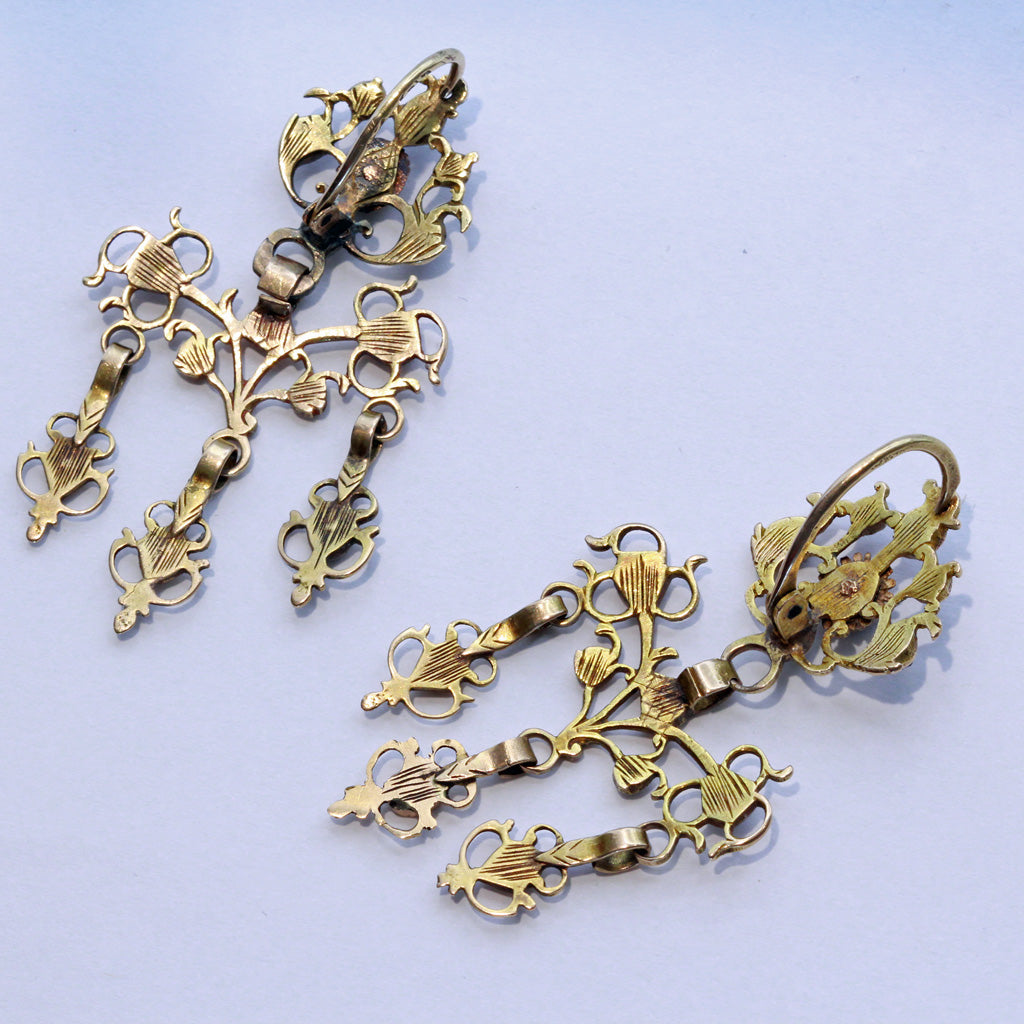 Antique Georgian earrings ear pendants Girandole gold garnets 18th century(7416)