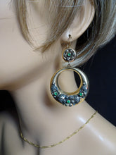 Antique hoop earrings Gold Silver Emeralds big Gypsey dangling earring (7423)
