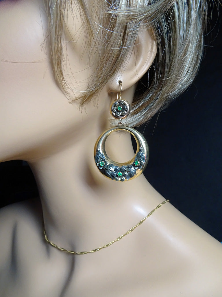 Antique hoop earrings Gold Silver Emeralds big Gypsey dangling earring (7423)