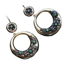 Antique hoop earrings Gold Silver Emeralds big Gypsey dangling earring (7423)