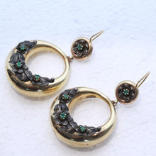 Antique hoop earrings Gold Silver Emeralds big Gypsey dangling earring (7423)