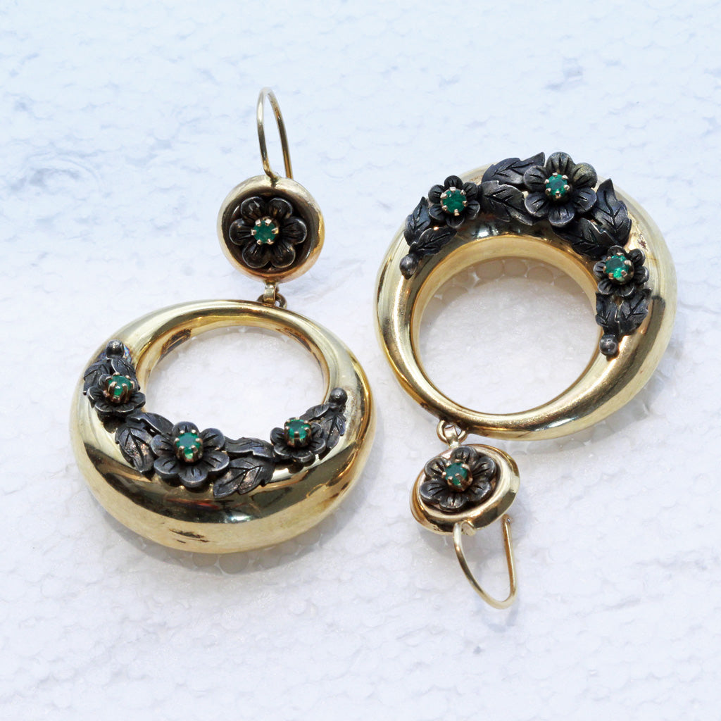 Antique hoop earrings Gold Silver Emeralds big Gypsey dangling earring (7423)