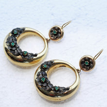 Antique hoop earrings Gold Silver Emeralds big Gypsey dangling earring (7423)