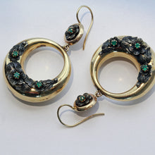 Antique hoop earrings Gold Silver Emeralds big Gypsey dangling earring (7423)