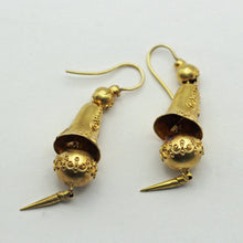 Antique Victorian Earrings yellow gold swing dangling drop bells filigree (7437)