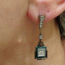 Art Deco Earrings 18k white gold diamonds gems architectural dangle design (7481)