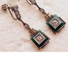 Art Deco Earrings 18k white gold diamonds gems architectural dangle design (7481)