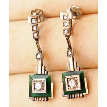 Art Deco Earrings 18k white gold diamonds gems architectural dangle design (7481)