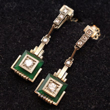 Art Deco Earrings 18k white gold diamonds gems architectural dangle design (7481)