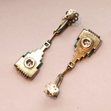 Art Deco Earrings 18k white gold diamonds gems architectural dangle design (7481)