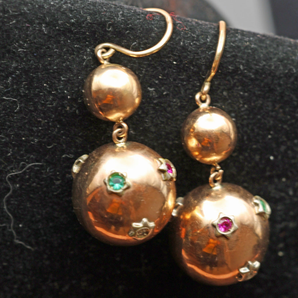 Vintage Retro Earrings gold emeralds rubies diamonds Globes Stars 1940's (7483)
