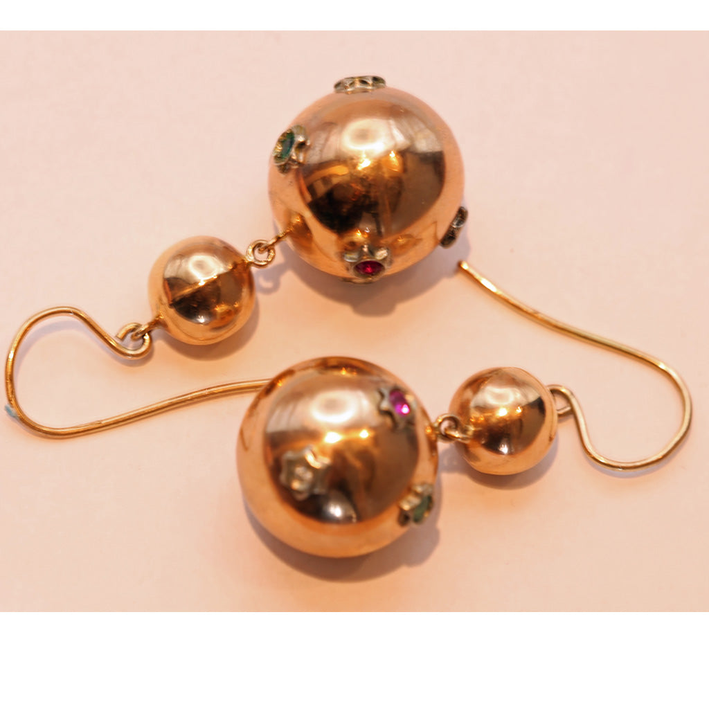 Vintage Retro Earrings gold emeralds rubies diamonds Globes Stars 1940's (7483)