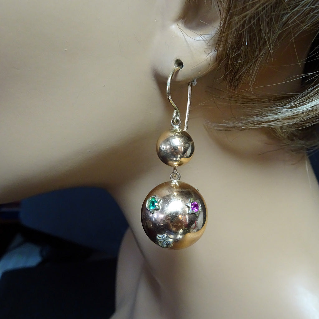 Vintage Retro Earrings gold emeralds rubies diamonds Globes Stars 1940's (7483)
