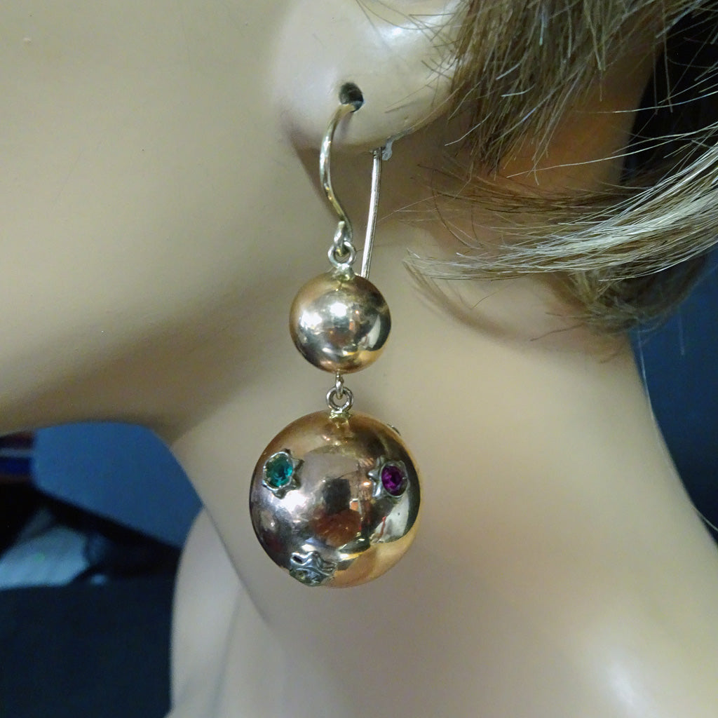 Vintage Retro Earrings gold emeralds rubies diamonds Globes Stars 1940's (7483)