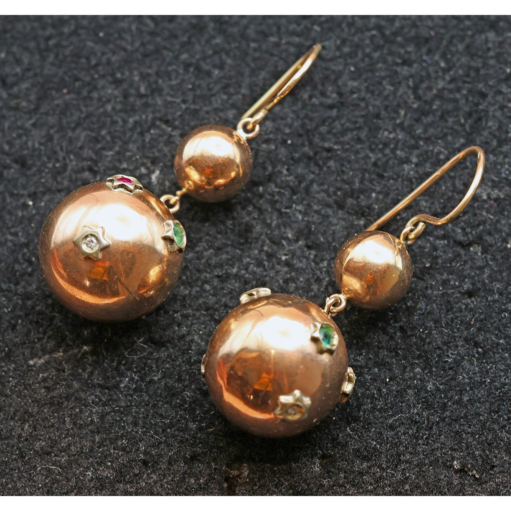 Vintage Retro Earrings gold emeralds rubies diamonds Globes Stars 1940's (7483)