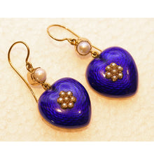 Antique Victorian earrings gold blue enamel pearls hearts English love (7524)