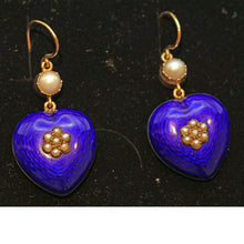 Antique Victorian earrings gold blue enamel pearls hearts English love (7524)