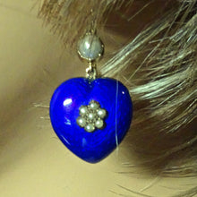 Antique Victorian earrings gold blue enamel pearls hearts English love (7524)