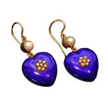 Antique Victorian earrings gold blue enamel pearls hearts English love (7524)