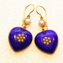 Antique Victorian earrings gold blue enamel pearls hearts English love white background